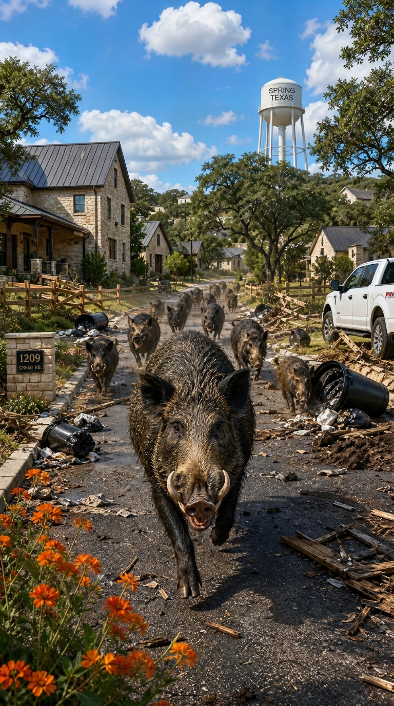A sounder of feral hogs charging down the paved street of a Texas Hill Country neighborhood