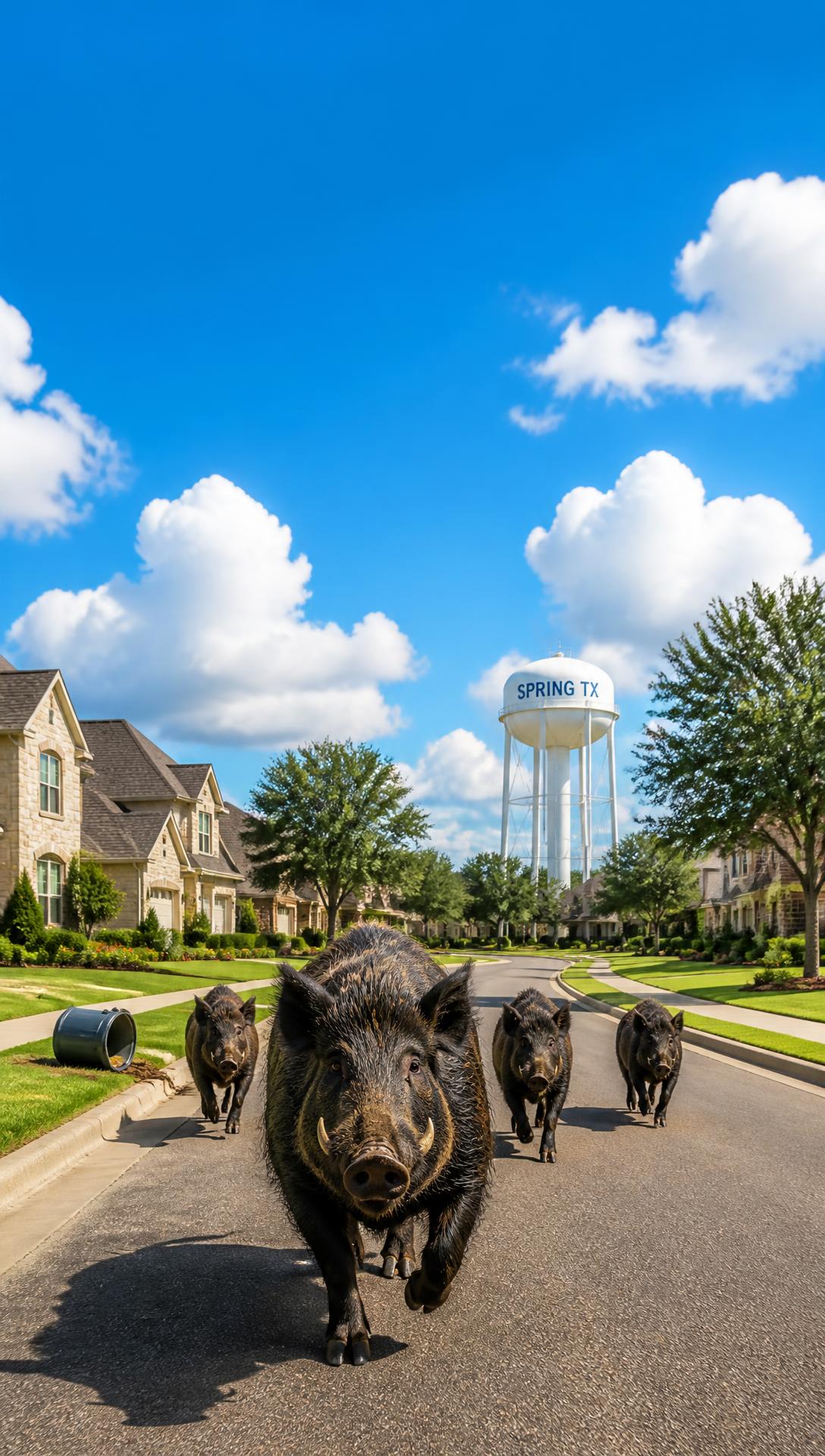 Feral hogs charging down a sunny paved street in an upscale Spring, Texas neighborhood beneath the SPRING TX water tower